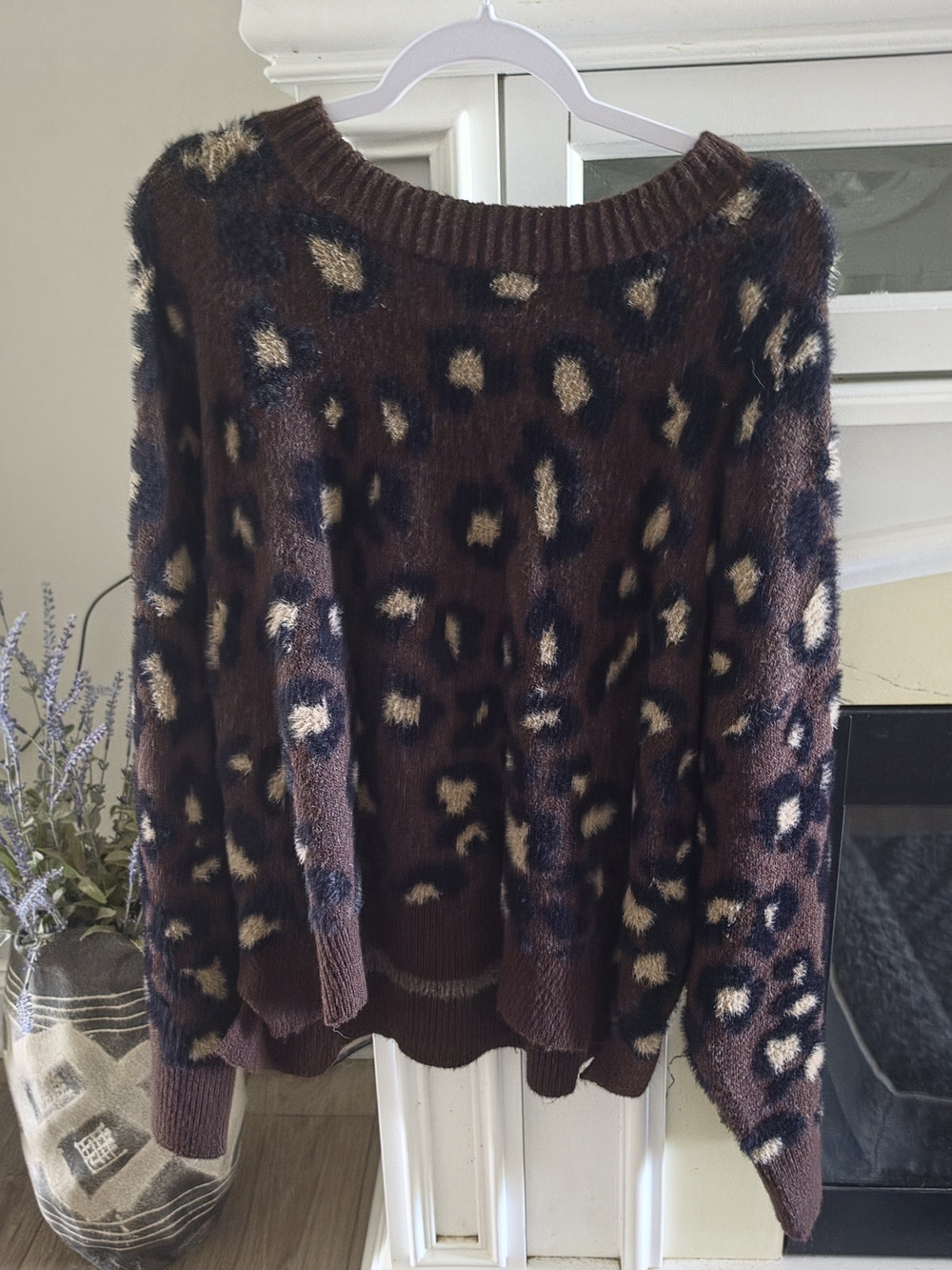 American Eagle Outfitters Brown Leopard Oversize Fit Fuzzy Crewneck Sweater